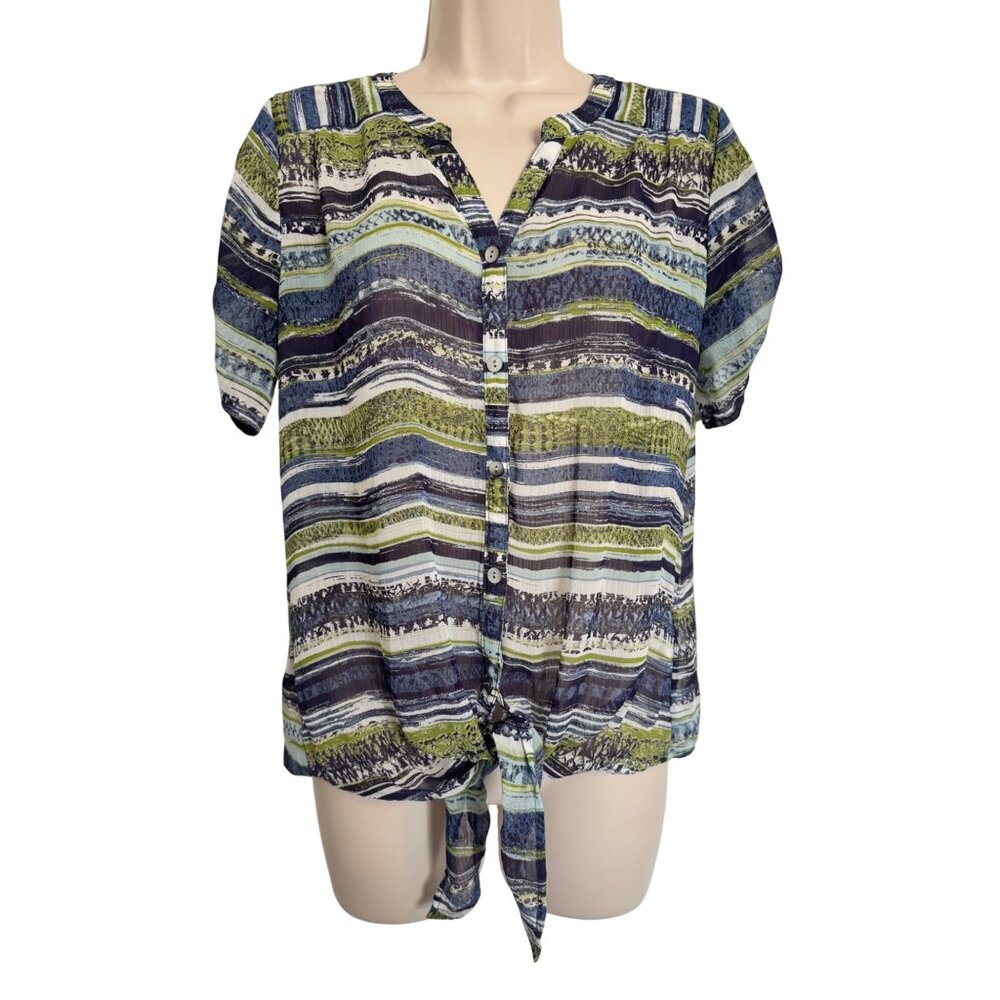 Westport 1962 Button Up Size Petite Medium Semi Sheer Tie Waist Blue Green Strip